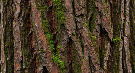 Obraz premium Textured tree bark with intricate patterns and green moss accents showcasing nature's beauty and organic designs in vivid detail.