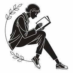 Woman Reading Book Silhouette With Floral Decoration In Minimalist Style