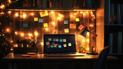 Quiet home office corner with desk lamp, sticky notes, and laptop in night mode