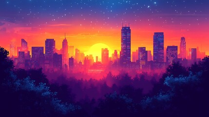 City skyline at sunset with starlight