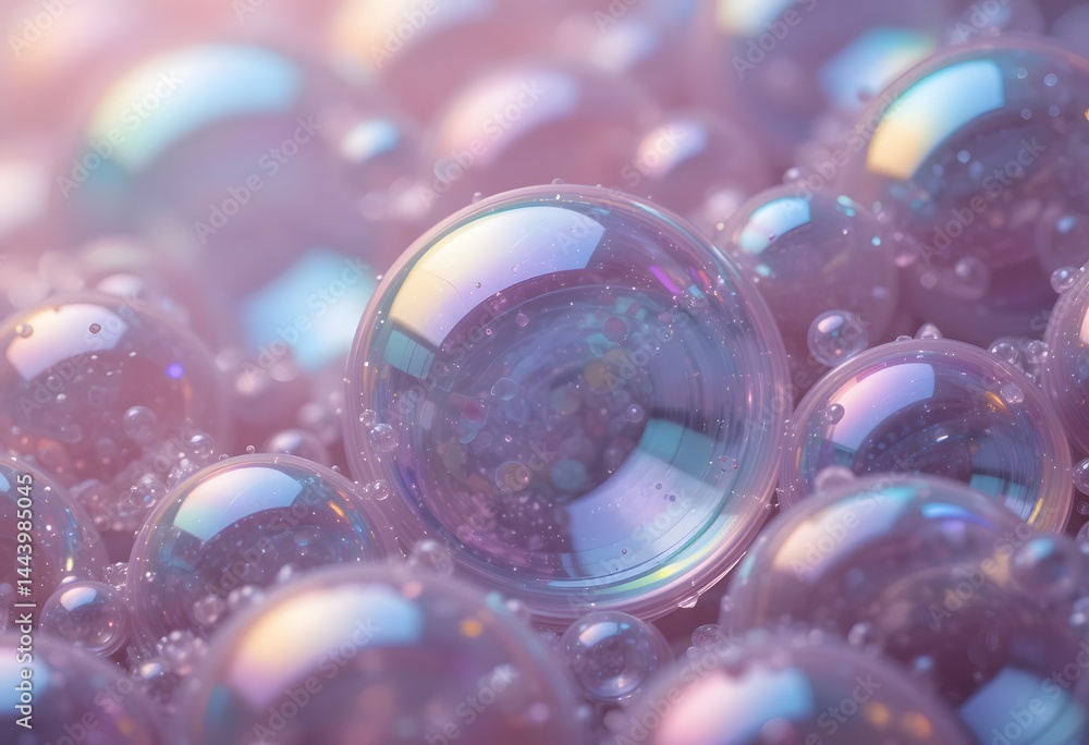 Fototapete iridescent soap bubbles close up show amazing color, light, and reflections. the surface creates a m