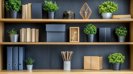 Shelves with multi-purpose and space-saving items arranged for efficient downsizing