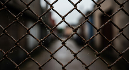 Close-up of a rusty metal chain-link fence with a blurred alleyway in the background, creating a sense of enclosure and decay.