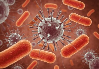 Microscopic view of cells biology with virus and bacteria
