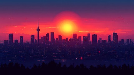 Fototapeta premium Cityscape Sunset Tower Sunrise Digital Art