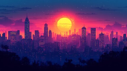 Synthwave city at sunset digital illustration