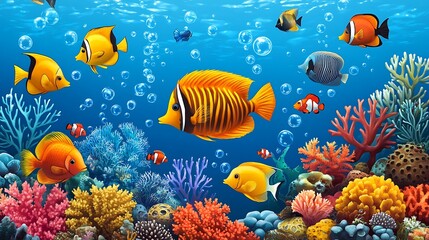 Colorful fishes swimming in a coral reef
