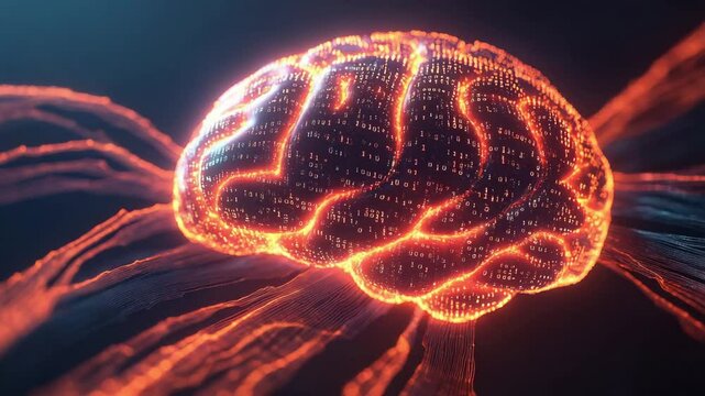Digital Brain Visualization with Binary Code and Glowing Lines