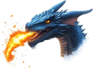 Head of a blue dragon spitting fire isolated on a transparent background