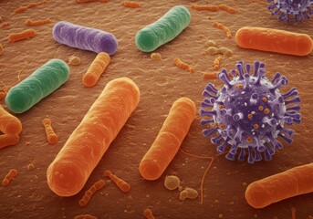 Cells biology showing virus and bacteria on a surface