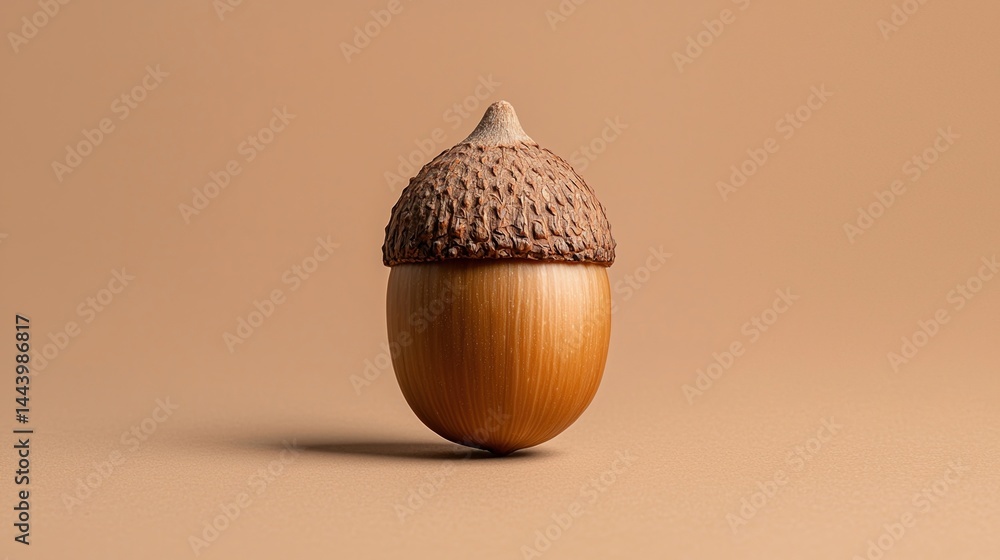 Poster a single acorn with a textured cap stands upright on a smooth, neutral background.