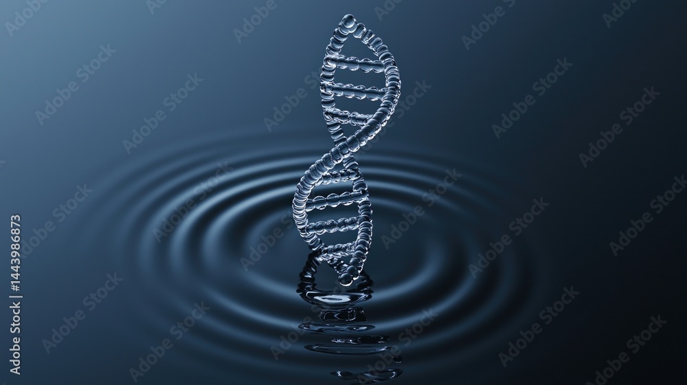 Poster a dna double helix structure rises from calm water, creating ripples on the surface in a serene, sci