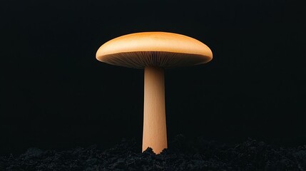 A single mushroom with a smooth cap stands upright in dark soil against a black background.