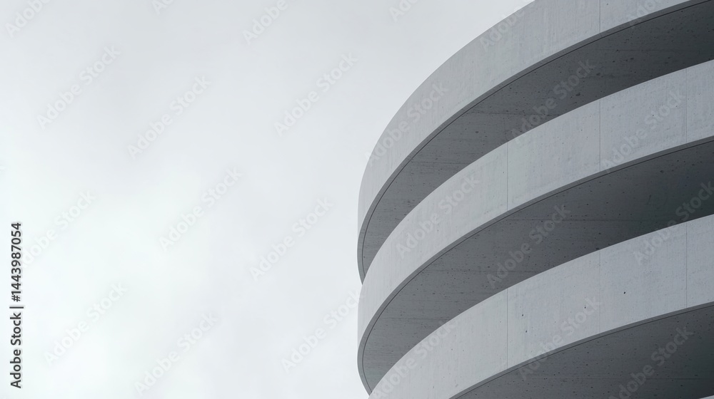 Poster minimalist photo of a modern building with curved concrete balconies against a cloudy sky, emphasizi