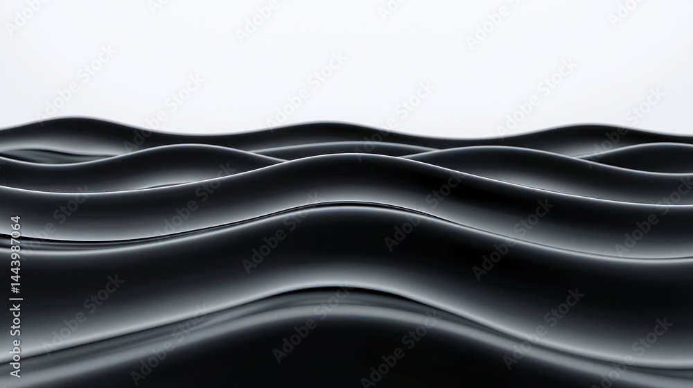 Poster smooth black waves form an abstract, minimal landscape under a light sky, creating a modern and sere