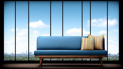 Modern Blue Sofa Cityscape View Luxury Apartment Living Room