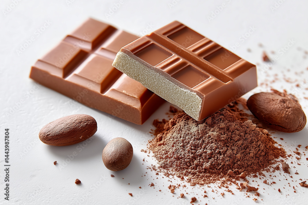 Poster chocolate bars and cocoa powder displayed in an artistic arrangement. clean light surface setting sh