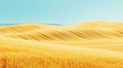 Fototapeta premium Endless golden wheat fields bathed in early morning sunlight, cinematic aerial 8K view with gentle breeze patterns across the crops, soft blue sky overhead