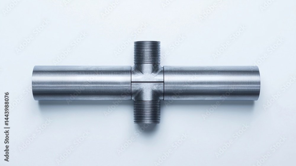 Poster a metallic t-shaped pipe fitting with threaded ends displayed on a light background.