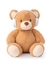 A light brown plush teddy bear sits wearing white headphones against a white background