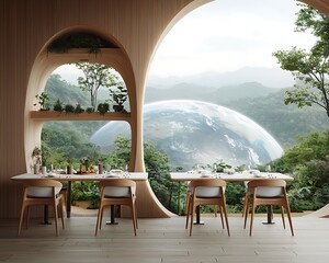 Modern restaurant with panoramic mountain views