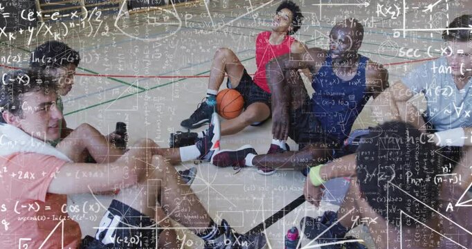 Team players sitting in gym court, displaying math formulas for education and basketball analytics