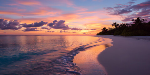 Serene beach at sunset with gentle waves and vibrant pink and purple clouds


