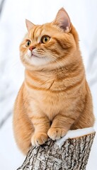 A plump, orange tabby cat sits on a snow-covered tree stump, gazing intently to its right