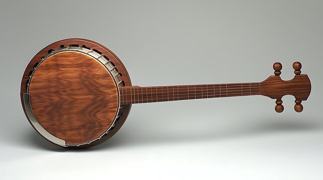 A classic wooden banjo with five-string neck and metal rim, displayed on a neutral background.