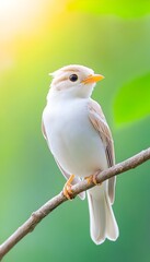 A small, predominantly white bird with light brown streaks perched on a slender branch against a blurred green and yellow background
