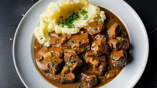 Traditional beef stroganoff dish with gravy and mashed potatoes on white plate top view black background