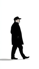 A stylized illustration of a man in a long coat and cap, walking, profile view against a white background