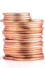 A tall stack of copper-colored coins on a white background