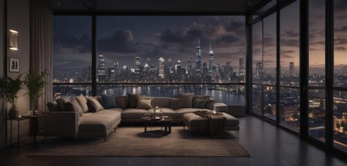 Panoramic cityscape at night seen from luxurious apartment, dramatic, apartment, cityscape
