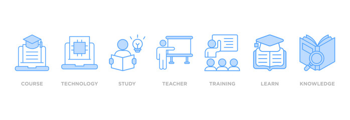 Online education banner web icon vector illustration concept with icon of course, technology, study, teacher, training, learn and knowledge