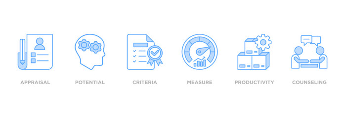 Performance review banner web icon vector illustration concept for employee job performance evaluation with an icon of appraisal, potential, criteria, measure, productivity, and counseling
