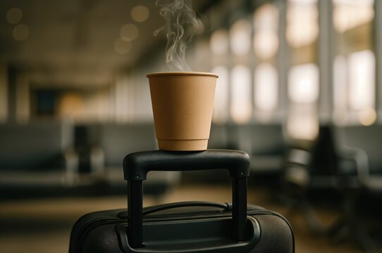 A steaming coffee cup sits atop a black suitcase in a busy airport lounge, surrounded by travelers preparing for their morning flights, embodying the spirit of adventure and transit.
