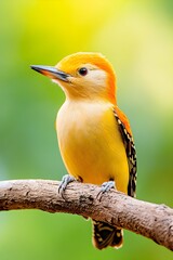 Fototapeta premium A vibrant yellow bird with orange crown perched on a branch against a blurred green and yellow background