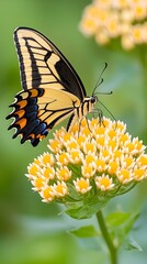 Obraz premium A yellow and black butterfly delicately feeds on a cluster of small, pale yellow flowers against a soft green backdrop