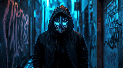 Mysterious figure in a black hooded jacket and glowing cyberpunk mask standing in a dark narrow alleyway with graffiti walls dim lighting cinematic atmosphere neon blue accent light