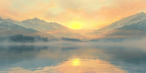 Serene sunrise over misty mountains reflected in calm lake with pastel sky
