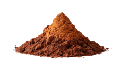 Powdered Cocoa Mountain: A close-up studio shot of a rich, deep brown cocoa powder, elegantly arranged in a perfect conical mound, showcasing the essence of indulgence and deliciousness.