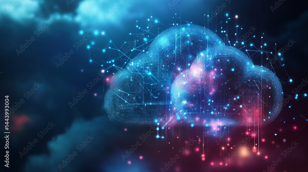 Poster abstract cloud computing network digital technology data concept web blue pink dots cyber lines