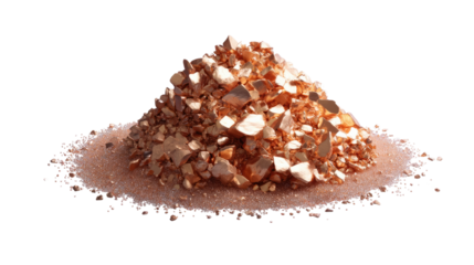 Copper Fragments: A close-up shot of a pile of rough, irregular copper fragments, showcasing their metallic sheen and texture. The copper pieces rest on a bed of fine copper powder.