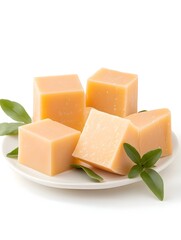 Four pale-yellow soap cubes on a plate, garnished with green leaves