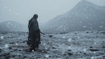 A lone samurai in a tattered hood stands in a snowy wasteland, snowflakes swirling around him, distant mountains cloaked in mist, cinematic ultra-detailed 8K