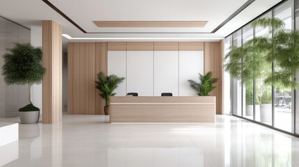 Modern, bright office lobby with a light wooden reception desk, plants, and large windows