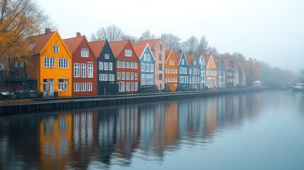 Obraz premium Misty Morning in Colorful Canal-side Houses