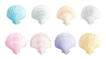 Eight pastel-colored scallop shells isolated on white.