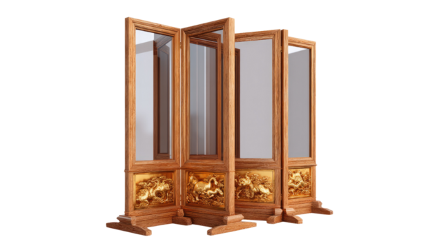 Decorative Screen: An antique, wooden room divider featuring intricate carvings of mythical beasts and transparent panels, offering a glimpse of elegant craftsmanship and sophistication.